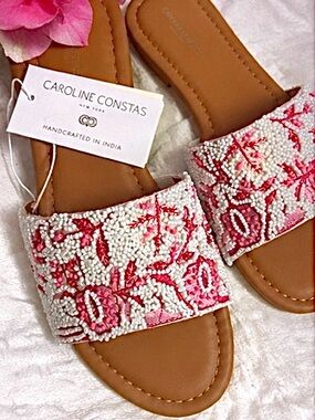 Caroline Constas Beaded Slide Sandals Pink White Resort Coastal Chic 7.5 NWT